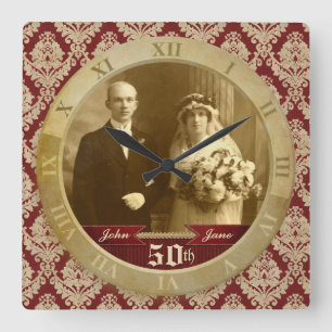Customisable Photo Clock Red Damask Roman Numeral