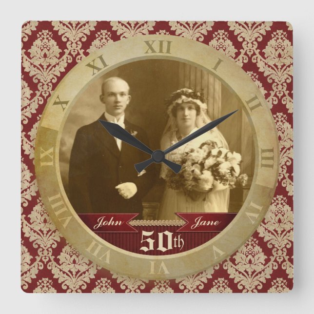 Customisable Photo Clock Red Damask Roman Numeral (Front)