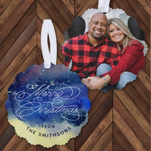 Customisable Photo Cute Navy Blue Merry Christmas Tree Decoration Card