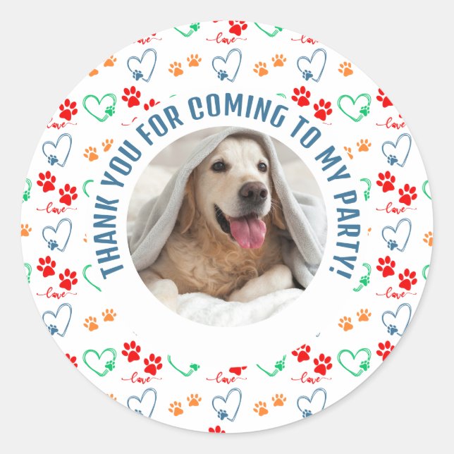 Customisable Photo Dog Birthday Thank You Party Classic Round Sticker (Front)
