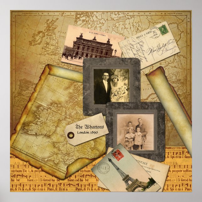 Customisable Photo Frame Vintage Map Paper Collage Poster (Front)