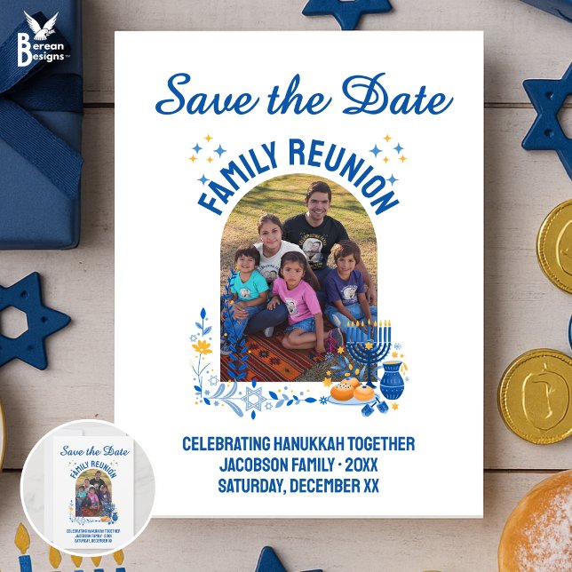 Customisable Photo HANUKKAH FAMILY REUNION Save The Date (Save the Date for family reunion to celebrate Hanukkah. Shirts, gifts, party supplies available.)