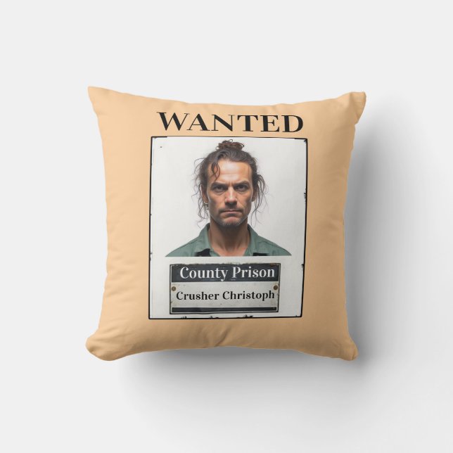 Customisable Photo Name Prison Funny Wanted Throw Cushion (Front)