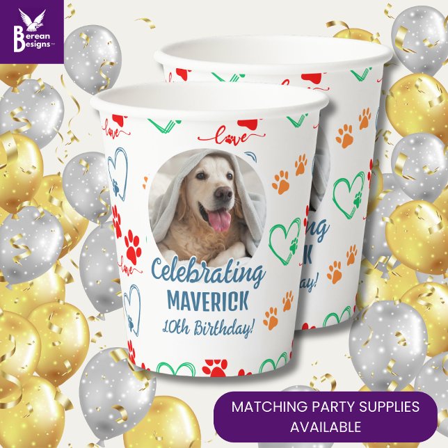 Customisable Photo Paw Print Dog Birthday Party Paper Cups (Cute Dog Birthday Party paper cups with customizable photo and text. Also ideal for pet adoptions)