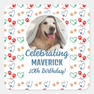 Customisable Photo Paw Print Dog Birthday Party Square Sticker