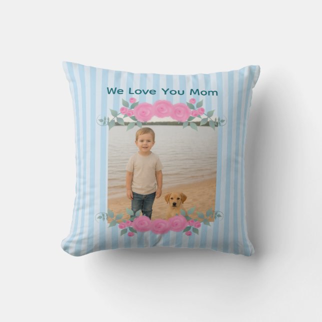 Customisable Photo Throw Pillow Roses Blue Stripes (Front)