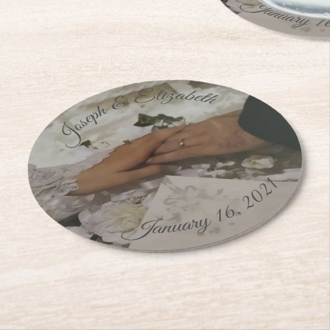 Customisable Photo Wedding Favours Round Paper Coaster (Angled)