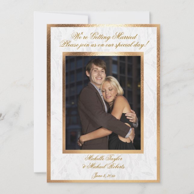 Customisable Photo Wedding Invitation Gold Trim (Front)