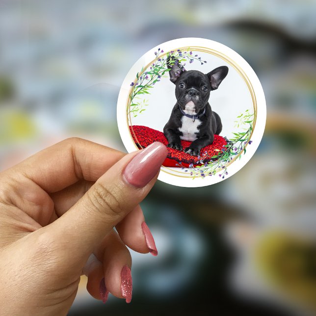 Customisable photo with round floral wreath classic round sticker (Creator Uploaded)