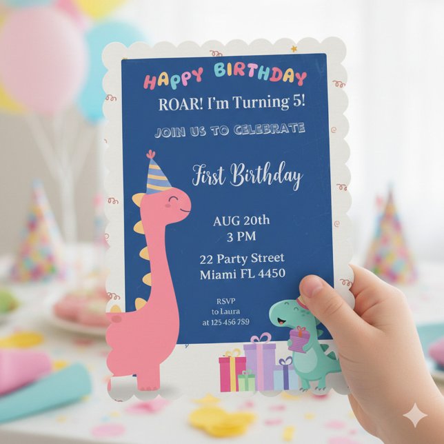 Customisable pink and blue dinosaur party invitati invitation (Creator Uploaded)