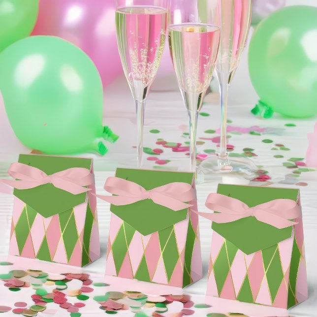 Customisable Pink and Green Argyle  Favour Box (Festive Pink and Green Party Celebration Favor Boxes )