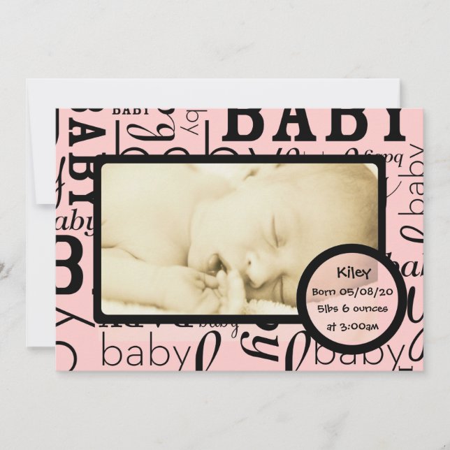 Customisable pink baby photo announcements (Front)