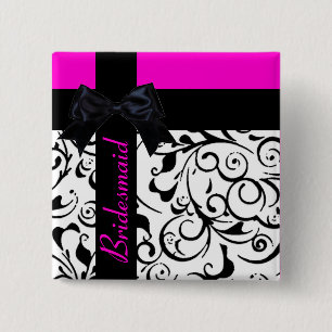 Customisable pink black damask bridesmaid pin