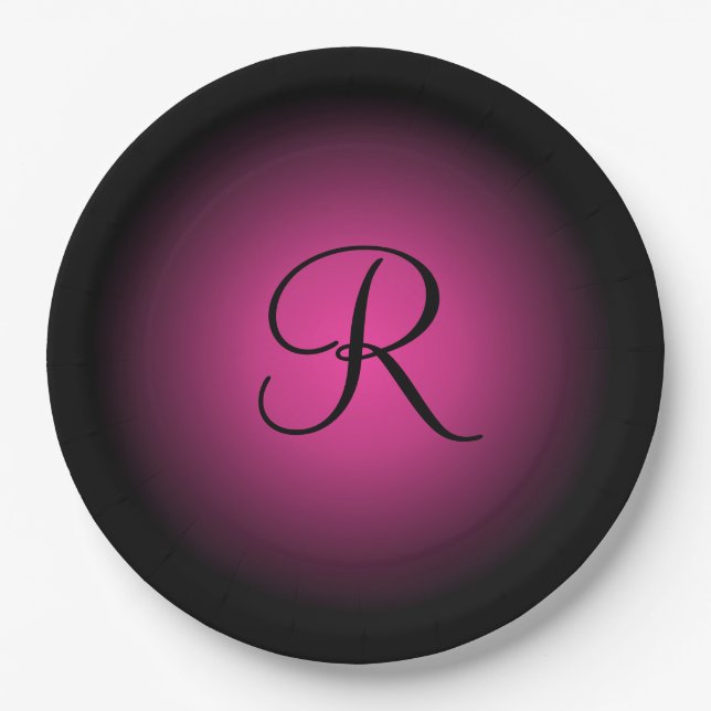 Customisable pink black monogram paper plates (Front)