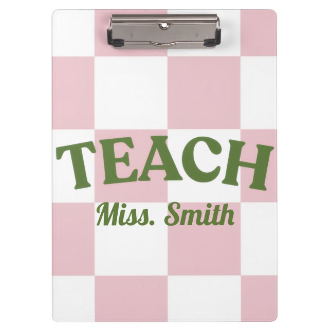 Customisable Pink Chequered Teacher Clipboard  (Front)