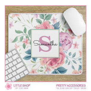 Customisable Pink Floral Monogrammed Mouse Pad