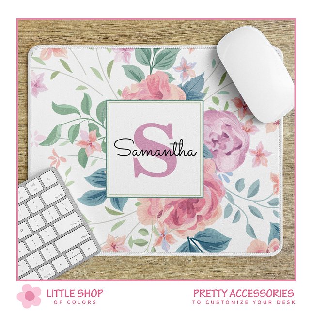 Customisable Pink Floral Monogrammed Mouse Pad (Creator Uploaded)