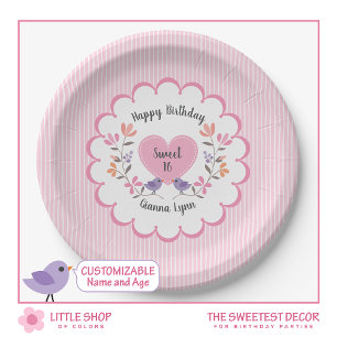 Customisable Pink Floral Sweet 16 Birthday Party Paper Plate