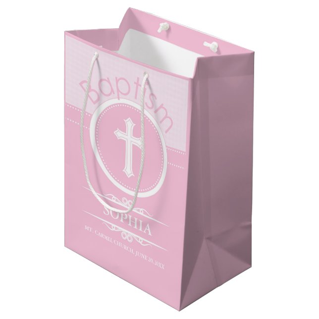 Customisable, Pink Girl Child of God Baptism Medium Gift Bag (Front Angled)