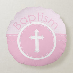 Customisable, Pink Girl Child of God Baptism Round Cushion