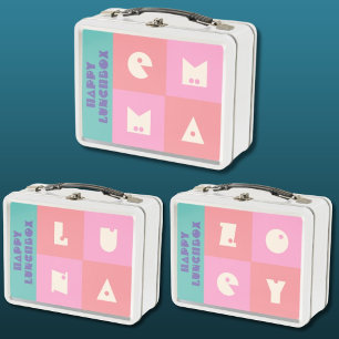 Customisable pink girl name happy Lunchbox