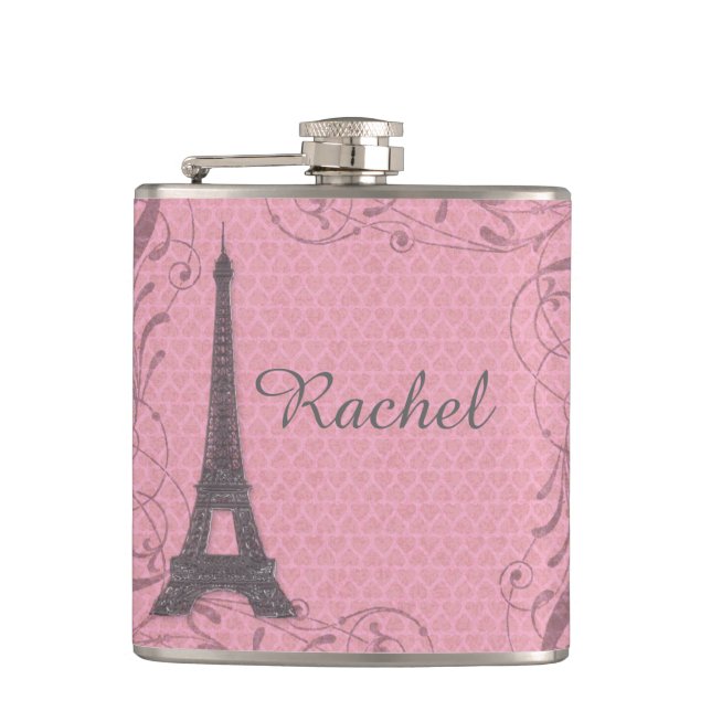 Customisable pink grey Eiffel Tower flask (Front)