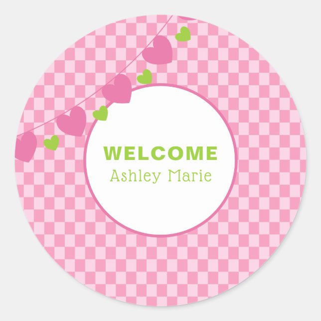 Customisable Pink Heart Chequerboard Welcome Baby Classic Round Sticker (Front)