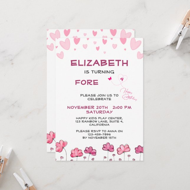 Customisable Pink Hearts and Flowers Birthday Invitation (Front/Back In Situ)