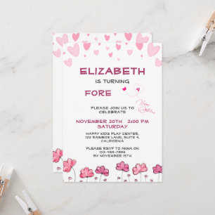 Customisable Pink Hearts and Flowers Birthday Invitation