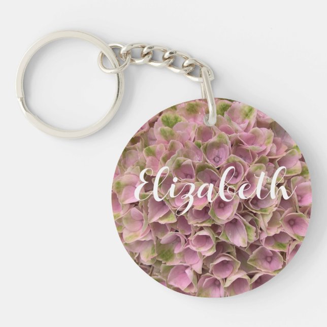 Customisable Pink & Pale Green Floral Hydrangea Key Ring (Front)