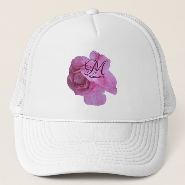 Customisable pink rose Margaret name trendy boho Trucker Hat (Front)