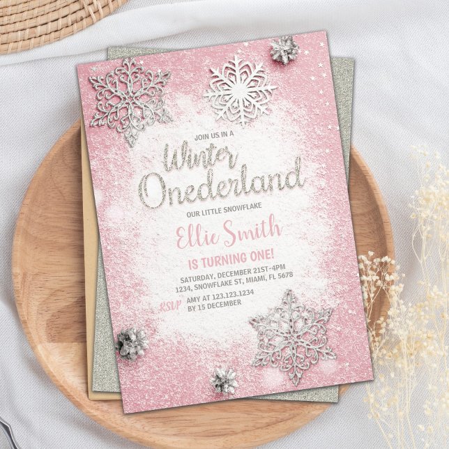 Customisable Pink Silver Glitter Winter Onederland Invitation (Pink Silver Glitter Winter ONEderland Invitations)