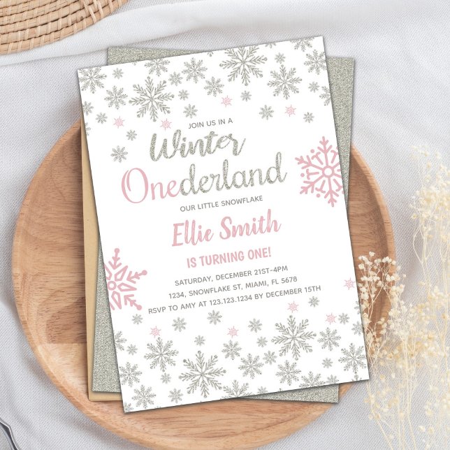 Customisable Pink Silver Snowflake Winter Birthday Invitation (Pink Silver SnowFlake Winter Birthday Onederland Invitation)