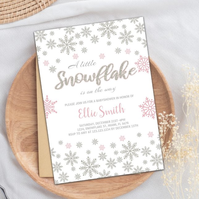 Customisable Pink Silver Winter Baby Shower Invitation (Pink Silver Winter Baby Shower Invitations)