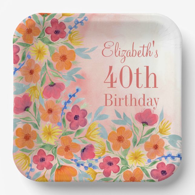 Customisable Pink Watercolor Florals Birthday Paper Plate (Front)