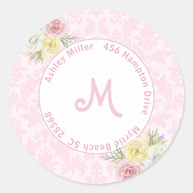 Customisable Pink Watercolor Flowers Address  Classic Round Sticker (Front)