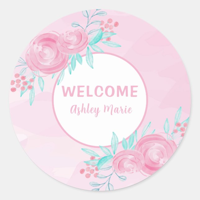 Customisable Pink Watercolor Flowers Welcome Baby  Classic Round Sticker (Front)