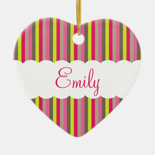 Customisable Pink White Green Stripes Pattern Ceramic Tree Decoration (Front)