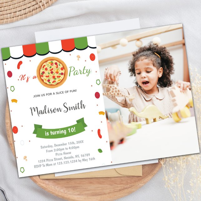 Customisable Pizza Party Invitations for Kids (Red Green Pizza Birthday Invitations with photo)