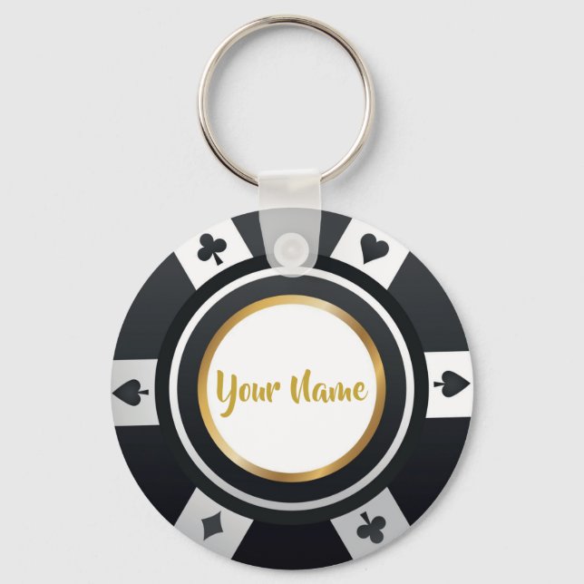 Customisable poker chip black white gold keychain (Front)