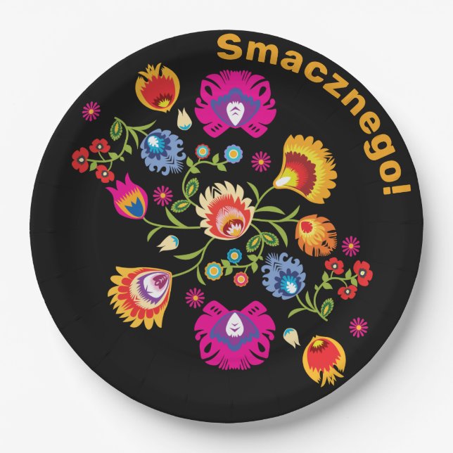 Customisable Polish folklore with pink flowers  Paper Plate (Front)