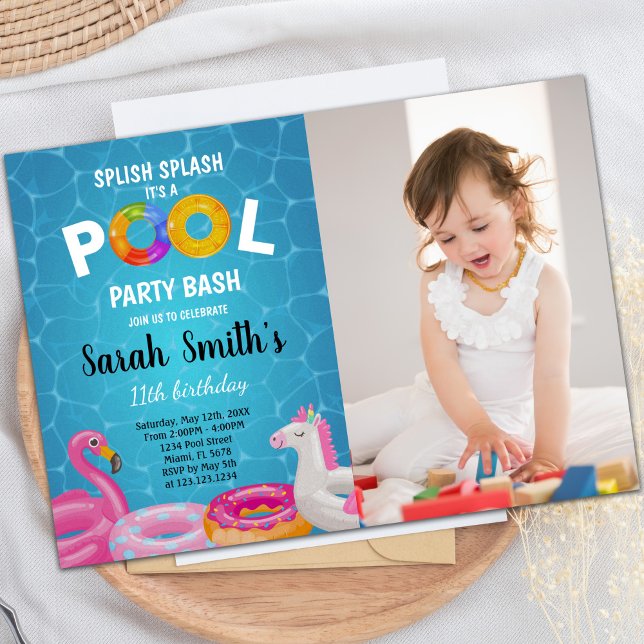 Customisable Pool Party Invitations for Kids (Water Pool Birthday Invitations with photo)