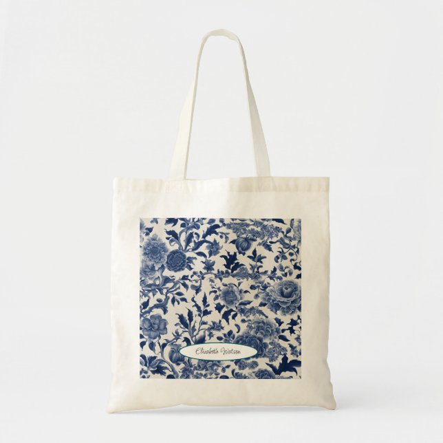 Customisable Porcelain Elegance: Blue Floral Tote Bag (Front)