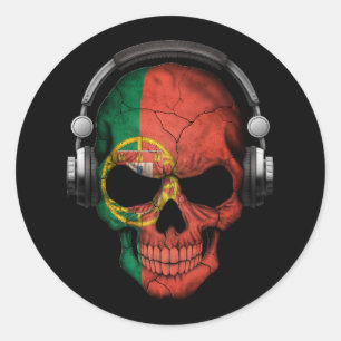 Customisable Portuguese Dj Skull with Headphones Classic Round Sticker