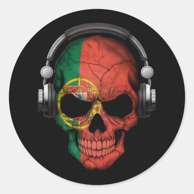 Customisable Portuguese Dj Skull with Headphones Classic Round Sticker (Front)