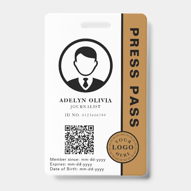 Customisable Press Pass with Photo ID & QR Code Badge (Front)