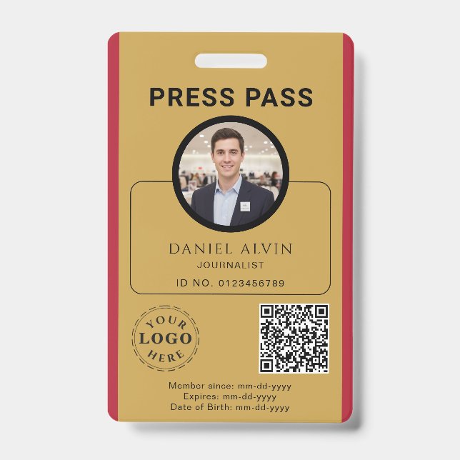 Customisable Press Pass with Photo ID & QR Code Badge (Front)