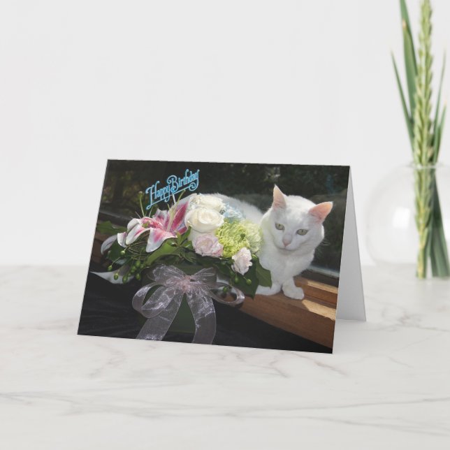 Customisable Pretty Cat/Flowers Birthday Card (Front)