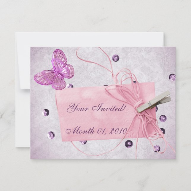 Customisable Pretty Pink Butterfly Design Invitation (Front)