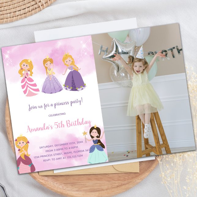 Customisable Princess Party Invitations for Kids (Pink Princesses Birthday Invitations with photo)